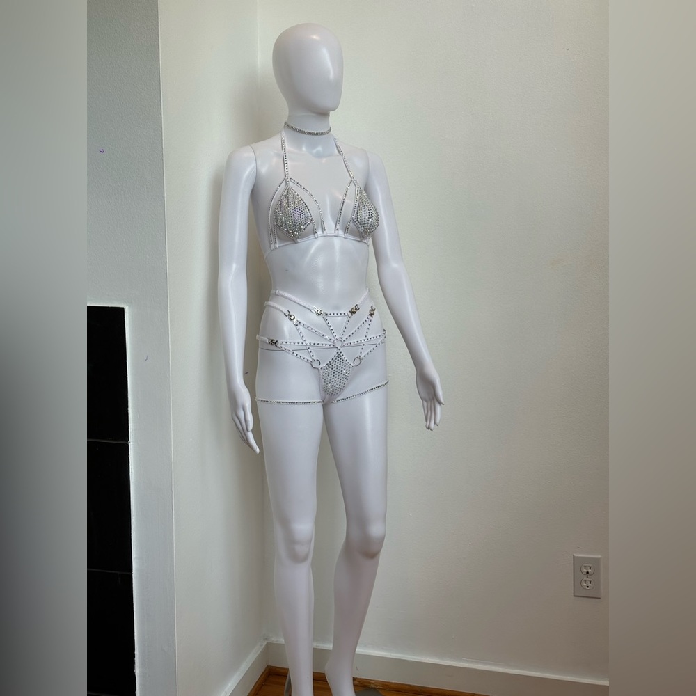 White AB Rhinestone 4 Piece Lingerie Set Bikini XS, D Cup, Festival, Rave, Dance - Picture 4 of 13